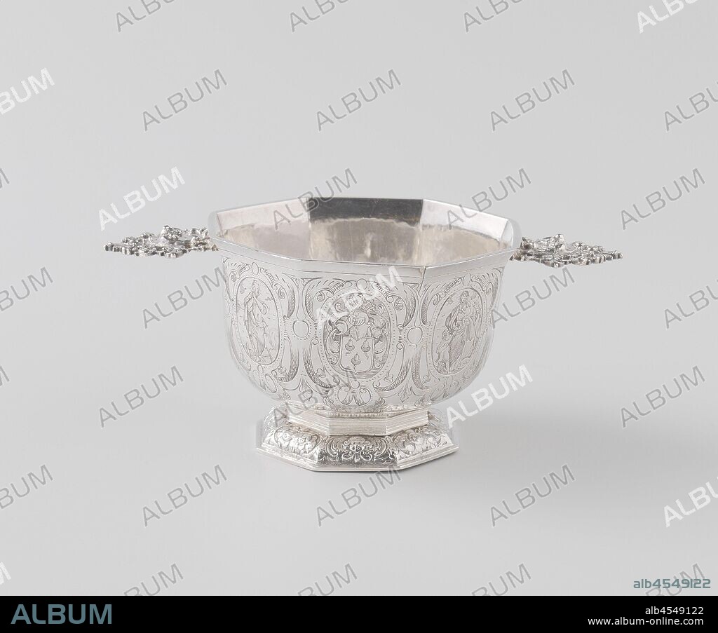 Brandy bowl, Brandy bowl of silver with a high, octagonal, engraved cuppa and two horizontal, molded rolling ears. Maker's mark: crowned glans, armorial bearing, heraldry, Hope, 'Spes', 'Speranza divina e certa' (Ripa), one of the Three Theological Virtues, Charity, 'Caritas', 'Carità' (Ripa), Scholte Janssen (II) (attributed to), Sneek, 1667, silver (metal), h 8.1 cm × d 11.7 cm × w 19.7 cm.