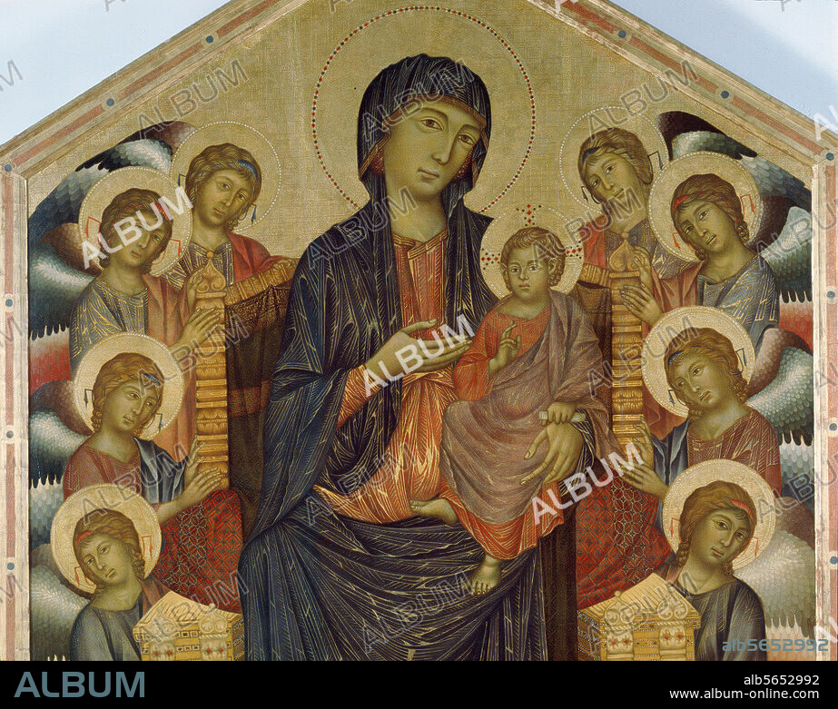 Cimabue, eigentl. Cenni di Pepo nachweisbar zwischen 1272 und 1302. "Maestà" (Thronende Madonna mit Kind), 1272-74. Ausschnitt: Maria mit Kind und Engeln. Auf Holz, 385 × 225 cm. Ehemals Hochaltar der Kirche S.Trinità in Florenz. Inv. Nr. 8343. Florenz, Galleria degli Uffizi.