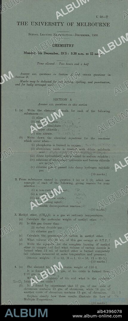 Examination Paper - Chemistry, University of Melbourne, 5 Dec1955, University of Melbourne School Leaving Chemistry exam, 1955. Candidates had 2 1/2 hours to answer all questions in section A and three questions in section B. Marks could be deducted for poor writing, spelling, grammar, or expression. The exam was held in the (Royal) Exhibition Building (REB) on 5 December 1956. The REB continues to host university exams at the end of both first and second.