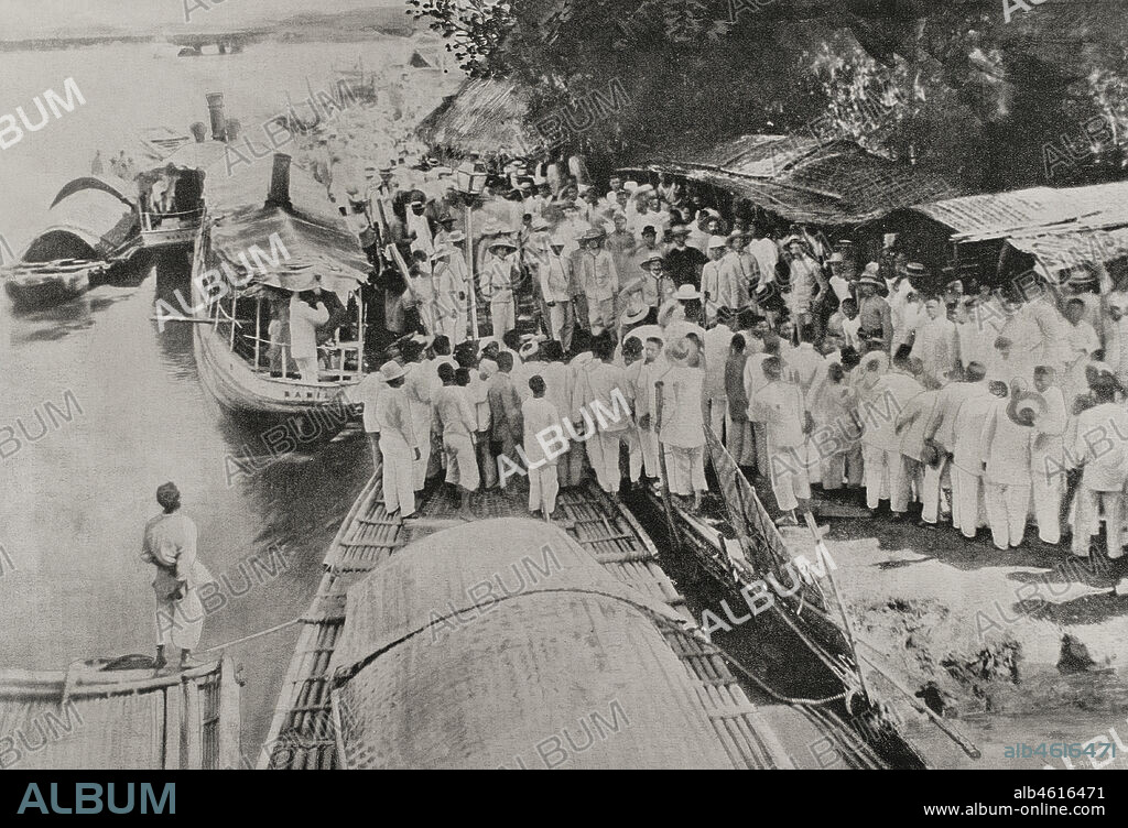 Guerra de Filipinas (1896-1898). Insurrección contra el gobierno colonial español. Sumisión de los principales jefes de la insurrección filipina. Sual (isla de Luzón). Despedida de los jefes tagalos y del teniente coronel Miguel Primo de Rivera (1870-1930) al abandonar el archipiélago. Fotograbado por Laporta. Ilustración Española y Americana, 1898.