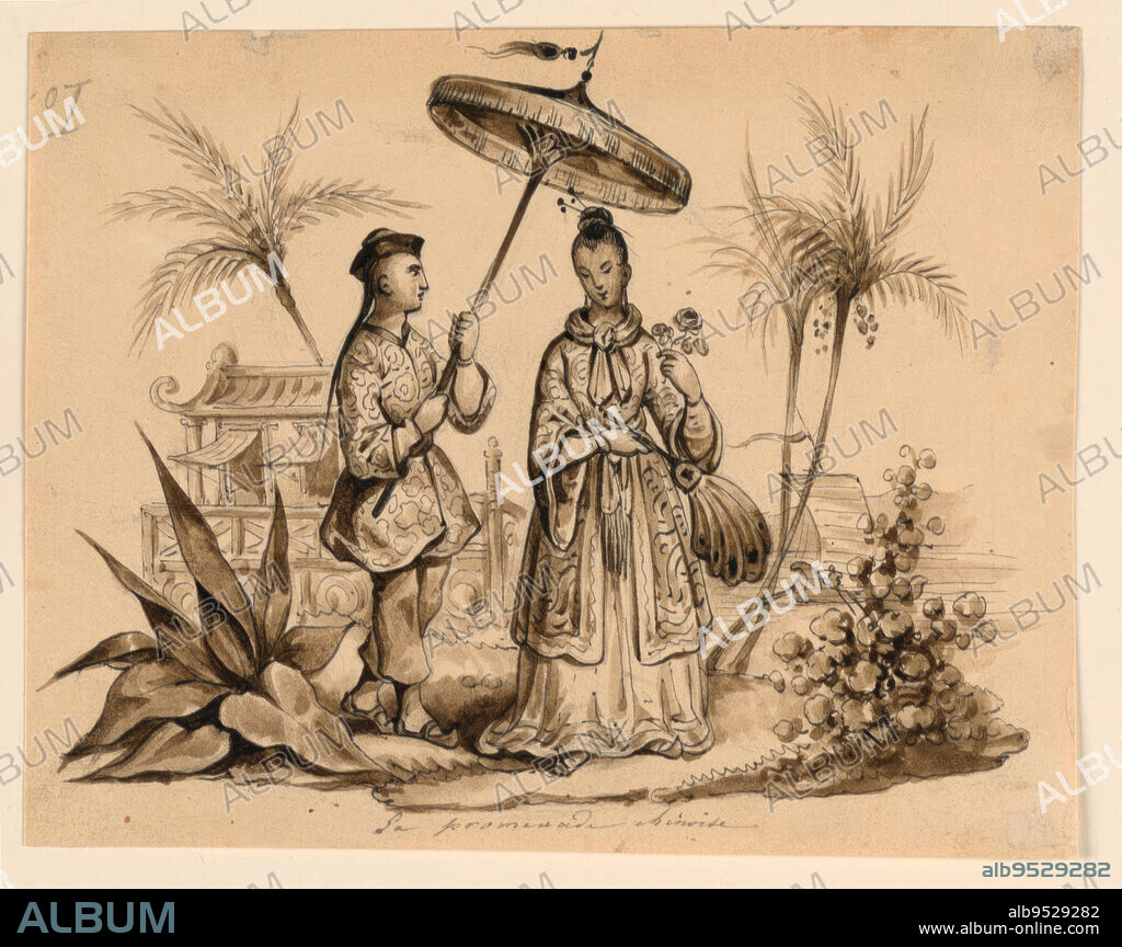 VICTOR VINCENT ADAM. Vignette of a Chines woman accompanied by a servant holding a parasol over her head. Trees, house, boat in background. Date: 1835-1840. Pen and ink, brush and sepia and gray wash on paper.