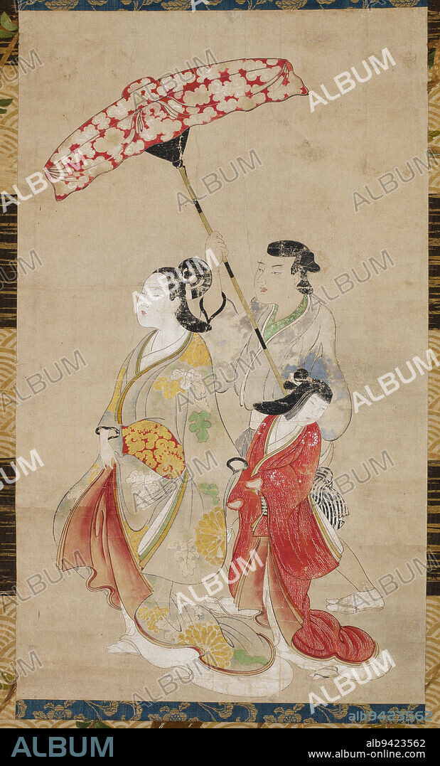 Prostitute with Attendants on Parade, c. 1695, Unknown Japanese, 21 5/8 x 12 13/16 in. (55 x 32.5 cm) (image)52 7/16 x 17 13/16 in. (133.2 x 45.3 cm) (mount) W 50 cm with roller, Ink, color, and gofun on paper, Japan, Nikuhitsu ukiyo-e.