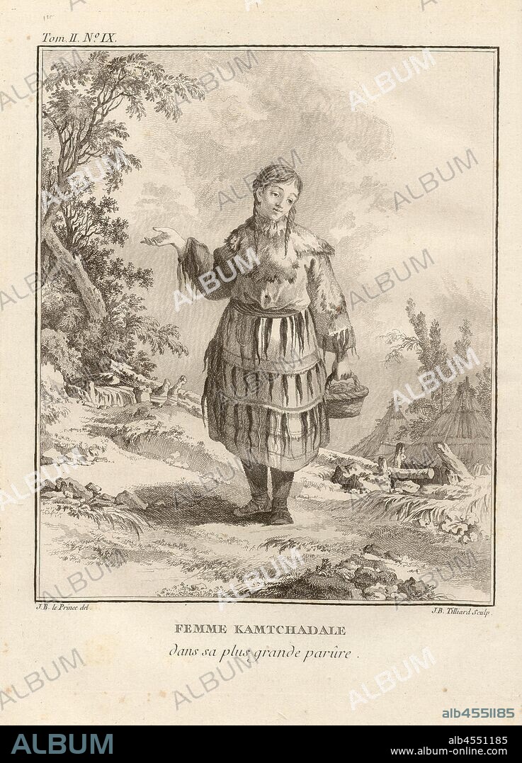 Kamchadal woman in her greatest, A Kamchatka with her best dress, Signed: J. B. le Prince (del.), J. B. Tilliard (sculp.), Copper engraving, no. IX, after p. 38 (vol. 2), Le Prince, Jean-Baptiste ; Tilliard, Jean-Baptiste, 1768, M. Kracheninnikow: Voyage en Sibérie, contenant la description du Kamtchatka, ou l'on trouve. Paris: chez Debure, 1768.