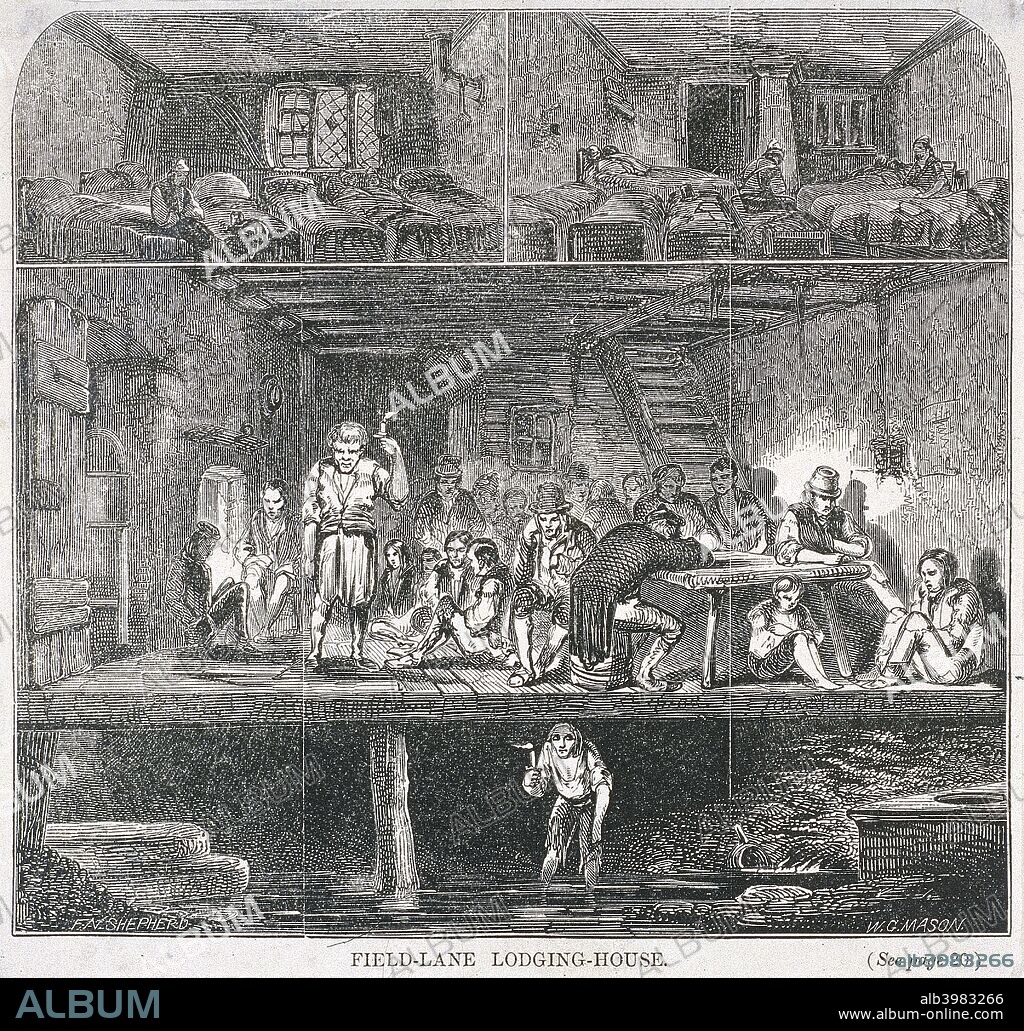 Field Lane Lodging House, London, 1847. View of Field Lane lodging house. The picture is divided into three levels. Basement depicts a figure in rags holding a candle, standing ankle-deep in water. Ground floor shows a crowded room, and the first floor is divided into two rooms crammed with beds, some of which are occupied.