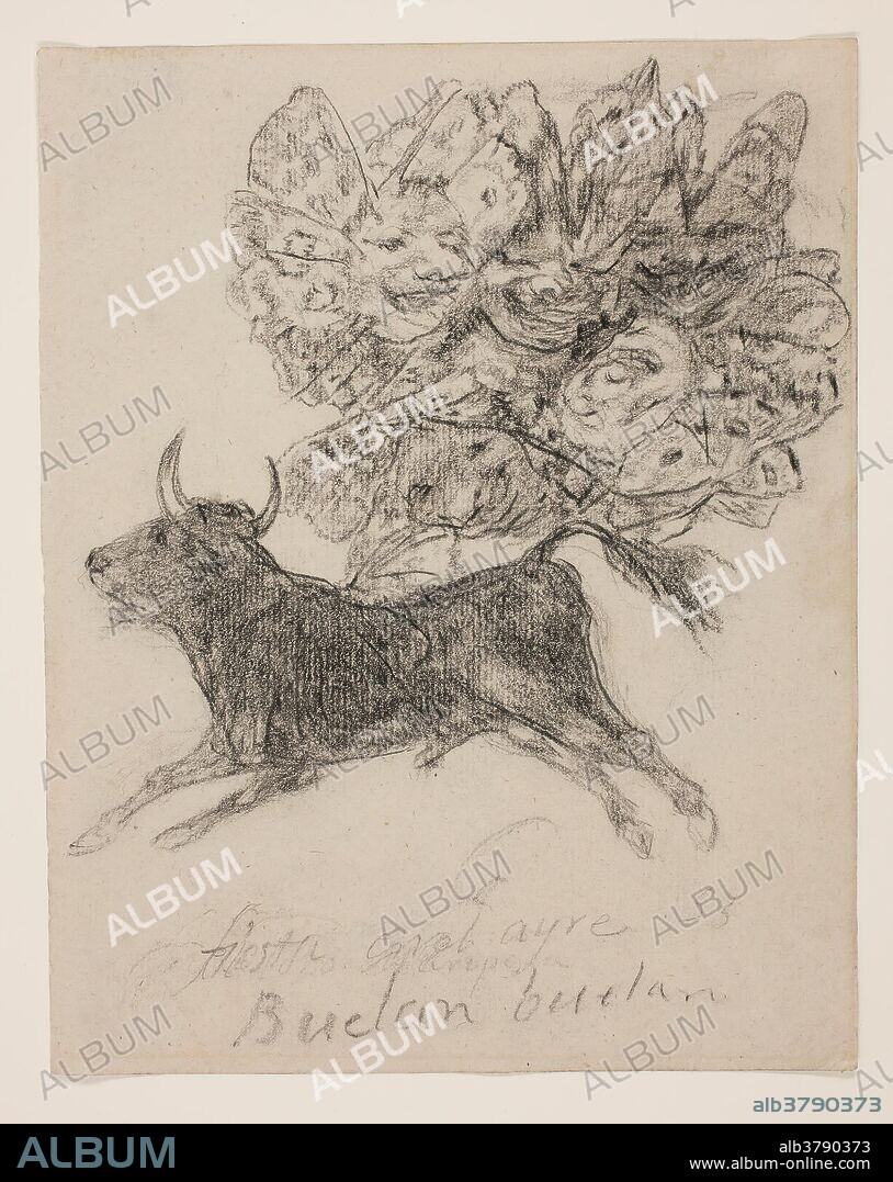 Francisco de Goya y Lucientes / 'El Toro Mariposa. Fiesta en el ayre. Buelan buelan. ( Álbum G, 53)'. 1825 - 1828. Lápiz negro, Lápiz litográfico sobre papel verjurado, agrisado, 192 x 153 mm.