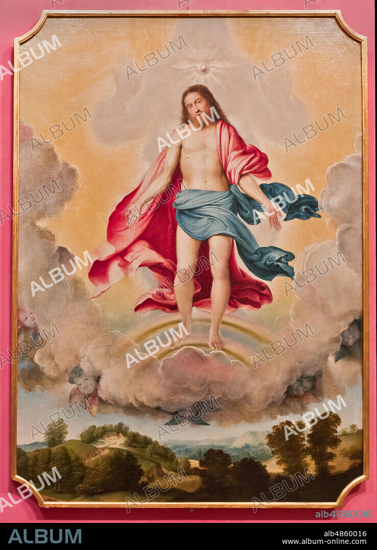 Bergamo, Bernareggi Museum: "Trinity" by Lorenzo Lotto (1524). Jesus is represented in in the sky within a circle of clouds, as in the scene of the Transfiguration. He shows the wounds of the Passion, the dove of the Holy Spirit flies over him.