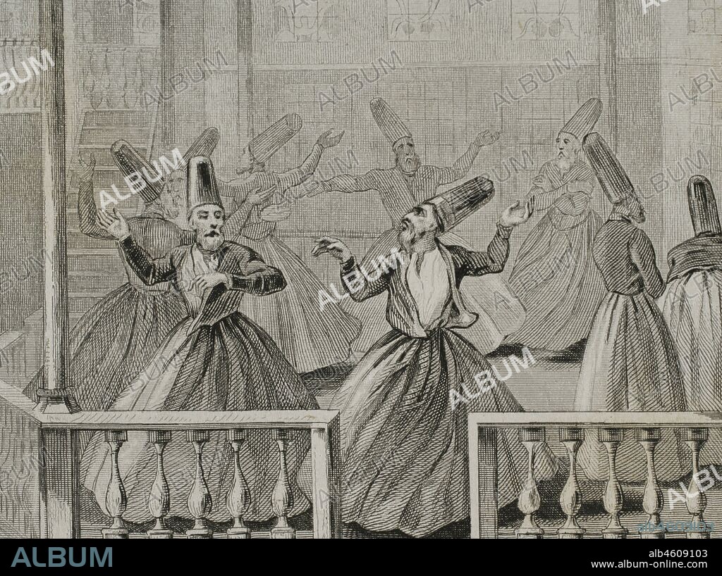 Ottoman Empire. Turkey. Whirling Derviches. Mevlevi Order. The whirling dervishes were founded by Jelaluddin Rumi (1207-1273). Engraving by Lemaitre, Vernier and Monnin. Historia de Turquia by Joseph Marie Jouannin (1783-1844) and Jules Van Gaver, 1840.