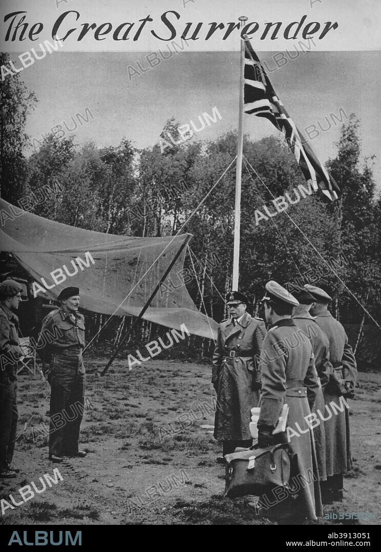 'The Great Surrender', 1942. On 4 May 1945 at Luneburg Heath, Field Marshal Bernard Montgomery accepted the unconditional surrender of the German forces in the Netherlands, northwest Germany including all islands, and in Denmark and all naval ships in those areas. The surrender preceded the end of World War II in Europe. From The War Illustrated Volume 9 edited by Sir John Hammerton. [The Amalgamated Press Ltd, London, 1945].