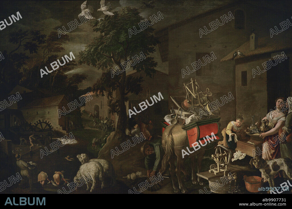 Vincenzo Campi (1536-1591). Italian artist. Saint Martin (move) Il Sanmartino (trasloco). Depiction of the daily life of peasants. The scene represents the moving of labourers from one farmhouse to another at the end of their respective rental contracts, always linked to the date of 11 November, the day of San Martino (Saint Martin). Oil on canvas (227 x 163 cm), after 1572. Museo Civico Ala Ponzone. Cremona. Lombardy. Italy.