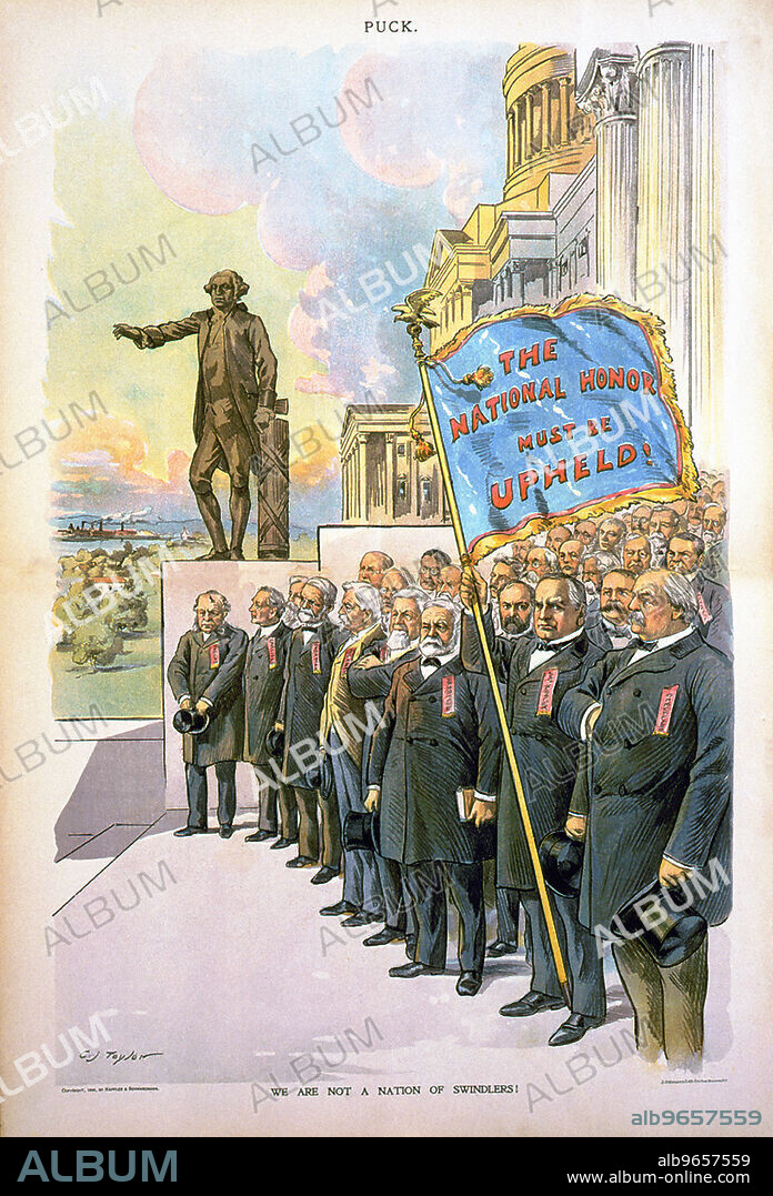 "We are not a Nation of Swindlers!", Political Cartoon of a group of people featuring U.S. Presidents Grover Cleveland, William McKinley, and Benjamin Harrison in foreground, with McKinley holding up flag, "The National Honor must be Upheld!", Puck Magazine, Keppler & Schwarzmann, October 21, 1896.