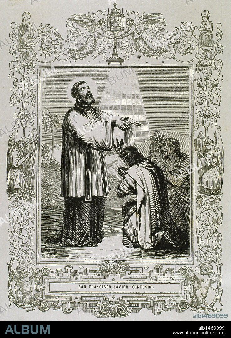 Saint Francis Xavier, born Francisco de Jasso y Azpilicueta (1506-1552 . Pioneering Roman Catholic missionary born in the Kingdom of Navarre (Spain) and co-founder of the Society of Jesus. Engraving by Capuz.