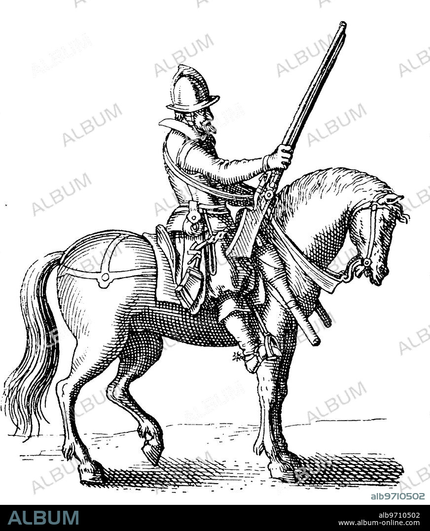 The harquebusier was the most common form of cavalry found throughout Western Europe during the early and mid 17th century, 1621, war costume, History of fashion, costume story.