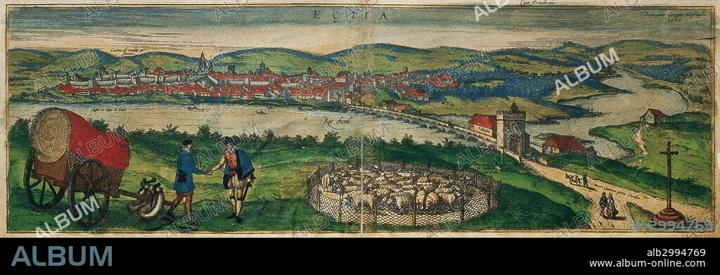 Plano de la población de ECIJA y el RIO GENIL. (Andalucía, España). Ilustración de la obra "Civitates Orbis Terrarum" de G. Braum y F. Hogenberg. Año 1576. Biblioteca de la Universidad de Salamanca. Castilla-León. España.