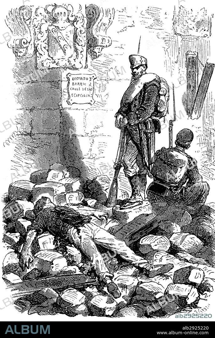 España. Catalunya. Revolución de 1868. Una barricada en Barcelona después de un combate. Grabado de 1869.