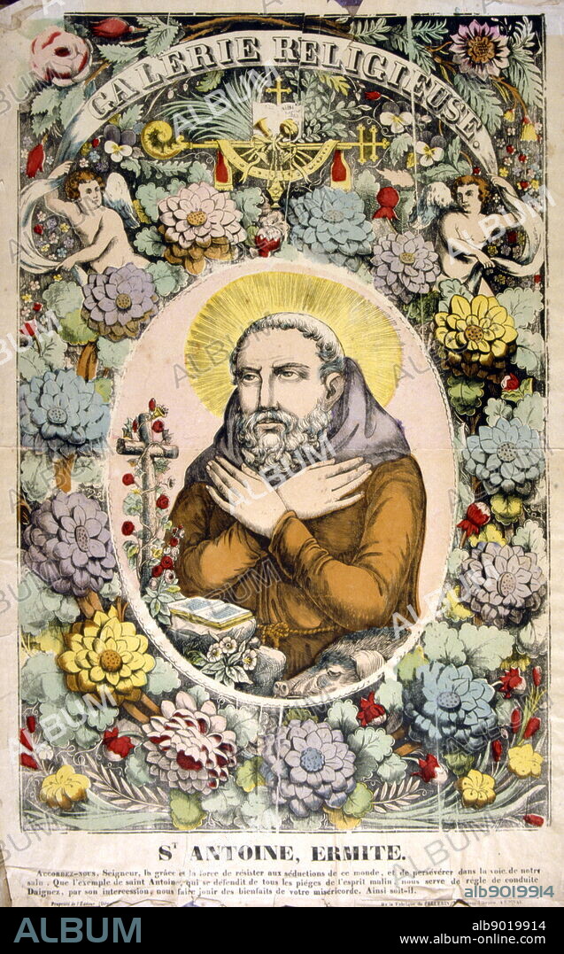 French illustration showing Saint Anthony the Hermit (ca. 468 - ca. 520); also known as Antony of Lérins, is a Christian saint. Anthony moved to Italy to take up an eremitical life with a small group of hermits living on an island in Lake Como. He was eventually joined by numerous disciples seeking to emulate his holiness and he chose to seek greater solitude in Gaul.