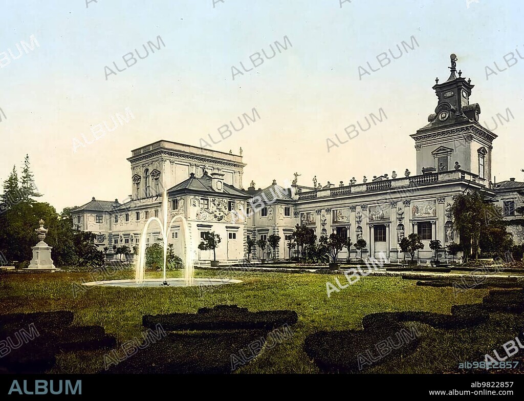 Wilanow Palace; built from 1677 to 1679 by Augustyn Wincenty Locci by order of King Jan III Sobieski at the southern end of the Warsaw Royal Road in the Wilanow district; Warsaw; Poland; c. 1890; Historical; digitally enhanced reproduction of a photochrome print from 1895; Europe.