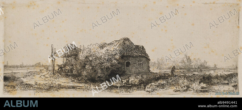 Landscape with Hay Barn, 19th century, Lucy Brightwell; Artist: after Rembrandt Harmensz. van Rijn, Dutch, 16061669, 4 15/16 x 12 3/4 in. (12.54 x 32.39 cm) (plate)5 3/8 x 13 3/16 in. (13.65 x 33.5 cm) (sheet), Etching, England, 19th century.