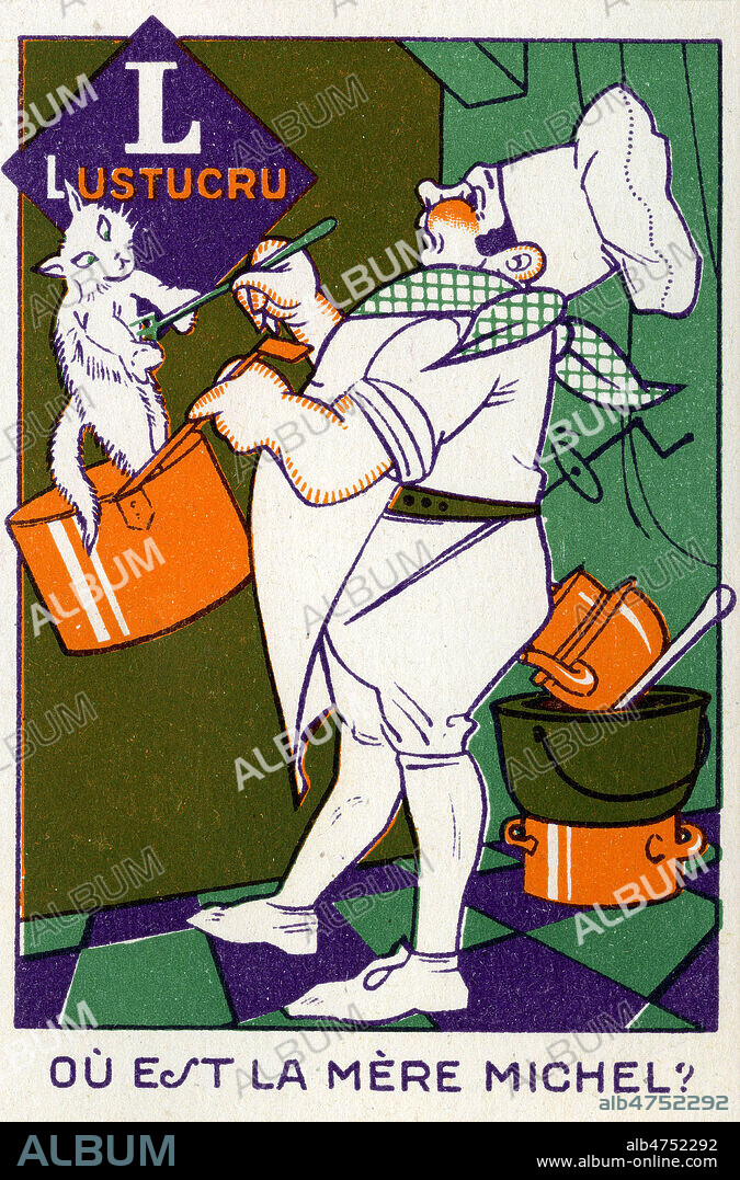 'L : Lustucru. Ou est la Mere Michel ?' : un cuisinier place un chat dans une casserole. Abecedaire publicitaire de 1926, carte devinette. Illustration anonyme. Credit : Collection IM/KHARBINE-TAPABOR.