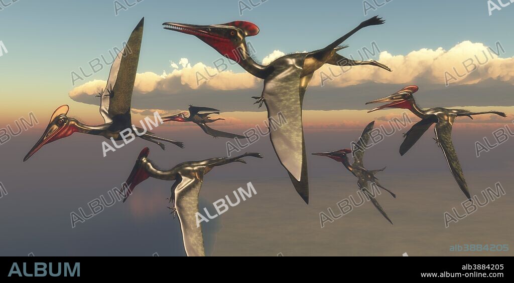 A flock of Pterodactylus pterosaurs fly out to the ocean to hunt for fish in the Jurassic Period.