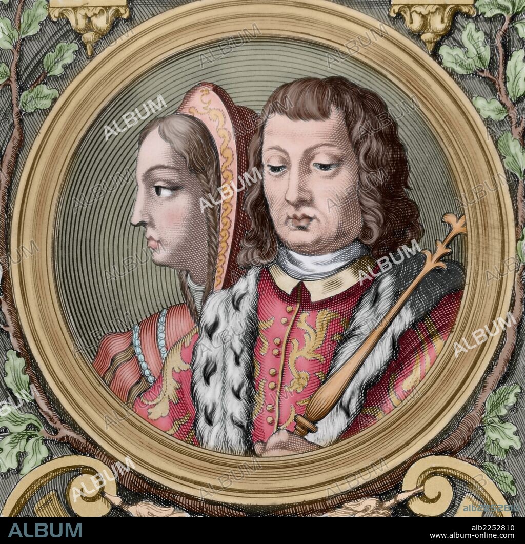 HISTORIA DE ESPAÑA. REYES CATOLICOS. ISABEL I (Madrigal, 1451-Medina del Campo, 1504) y FERNANDO II (Sos,1452-Madrigalejo, 1516). Grabado coloreado.