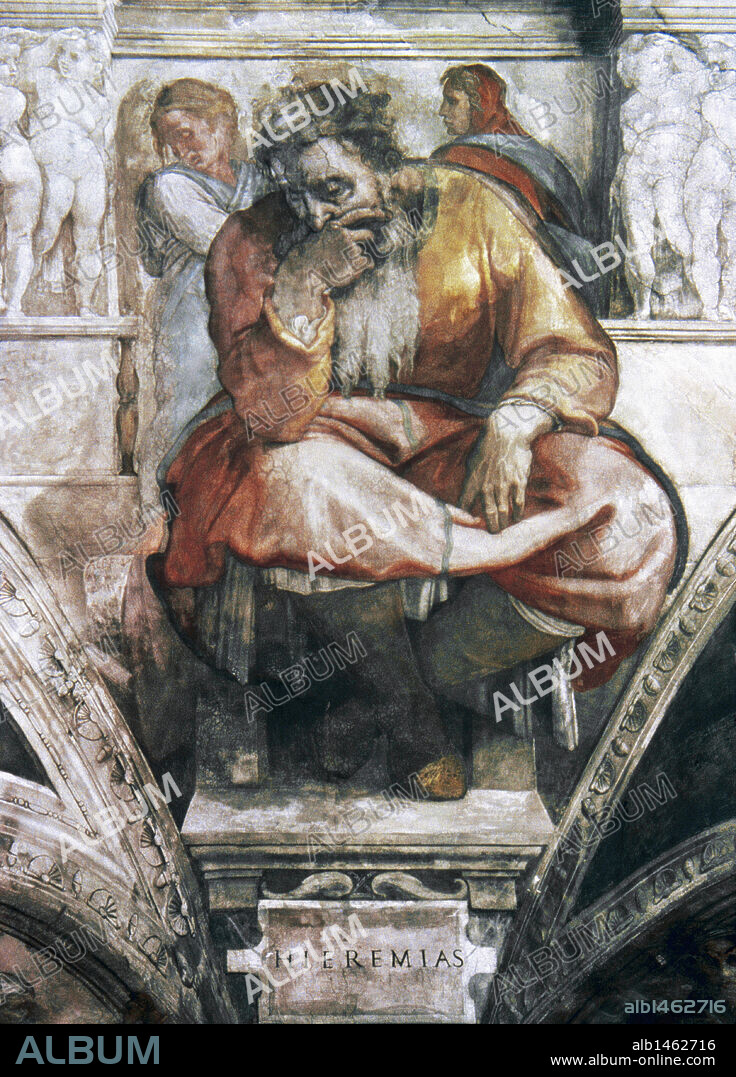 Michelangelo (1475-1564). Prophet Jeremiah. Detail of a fresco (1508-1512) on the Sistine Chapel ceiling. St. Peter's Basilica. Vatican City. Image taken by 1999, before the last restoration.