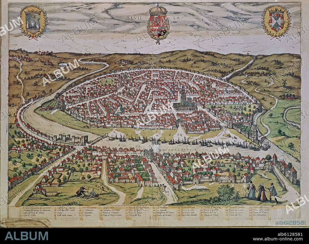 GEORG BRAUN 1541-1622 / FRANS HOGENBERG. CIVITATES ORBIS TERRARUM - VISTA DE SEVILLA - GRABADO - SIGLO XVI.