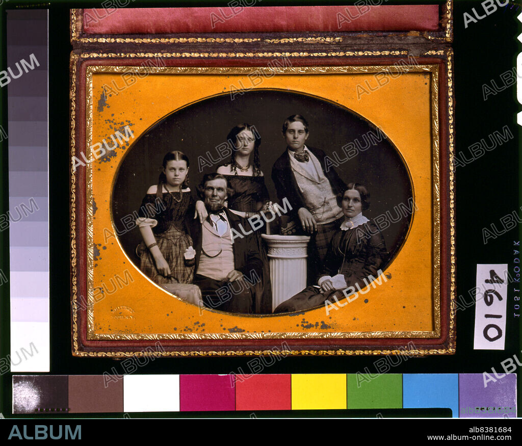 EDWARD TOMPKINS WHITNEY. Benjamin family group portrait, posed around a column, between 1845 and 1858. From left to right: Cornelia Juliaette, Zina Hitchcock, Frances Antoinette, Samuel Clark, and Joanette. Case: Rinhart 9. Stamped on mat: Whitney, Roch. NY.
