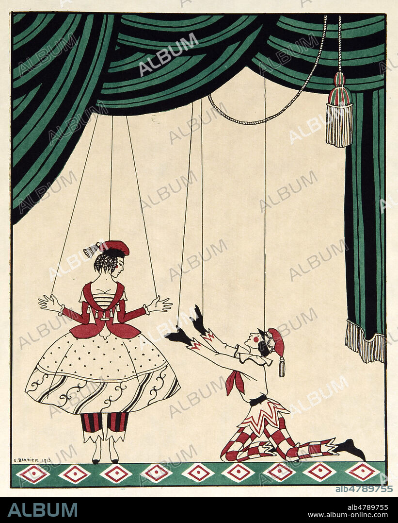 BALLET : PETROUCHKA, ballet russe commande par Diaghilev a STRAVINSKY, chroregraphie Michel FOKINE, costumes BAKST, cree en 1911 au Theatre du Chatelet. Illustration de Georges BARBIER (1882-1932) tiree d'un recueil sur les danses de Vaslav NIJINSKY (1889-1950) publie en 1913. Credit : Collection IM/KHARBINE-TAPABOR.