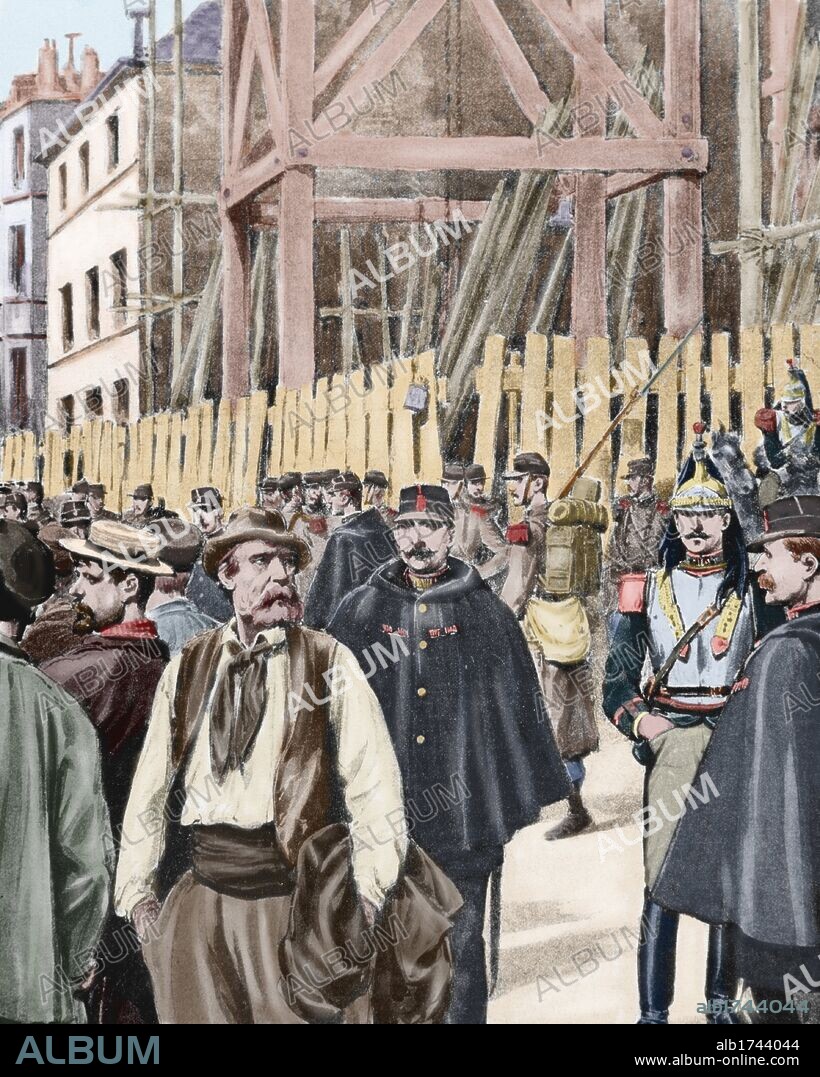 P.H.G.V. MICHEL. Labor movement. Strike in Paris protected by the army. Late nineteenth century. Colored engraving.