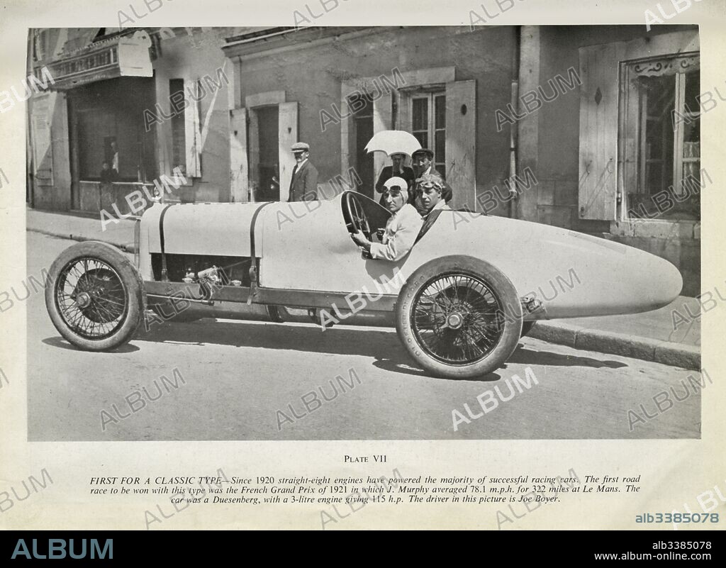 Joseph Boyer in a Duesenberg, the first straight-eight engine to win a road race, 1921 French Grand Prix. The Prix was won by James Anthony (Jimmy) Murphy.