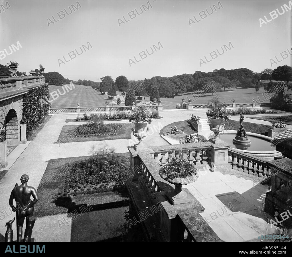 The lower terrace, Osborne House, Isle of Wight, 1880s. Osborne House on the Isle of Wight was built for Queen Victoria and Prince Albert and completed in 1851. The lower terrace, with the Andromeda fountain by John Bell, is seen here, with the gardens beyond.