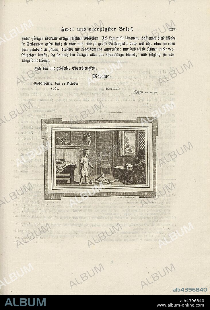 Interior, Naked Girl Feeding Chickens in the Room, Signed: J. R. Schellenberg fec, Kupferstich, p. 287, Schellenberg, Johann Rudolf (fec.), Johann Gerhard Reinhard Andreae, Briefe aus der Schweiz. Nach Hannover geschrieben in dem Jare 1763. Zürich [etc.]: bei Joh. Caspar Füessli Sohn [etc.], 1776.