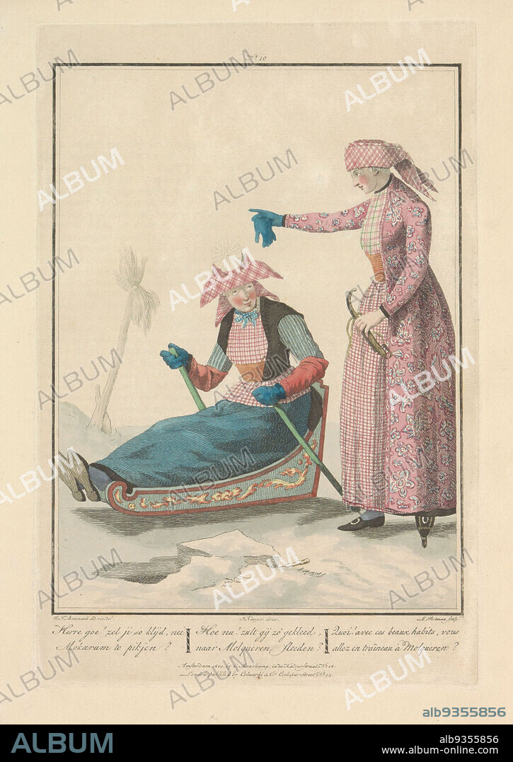 Frisian women on the ice, Herre goe! zel ji so klijd, nu Mok½rum te pikjen?, How now! will ye be so clothed, to Molqueren Sleeden?, Quoi! avec ces beaux habits, vous allez en traîneau à Molqueren? (title on object), Two young ladies in Frisian costume on the ice. One is in a sledge, the other is on skates. From Hindeloopen or a place nearby. Third installment of four plates, published in 1804. Part of a bound edition of the series of twenty plates of Dutch costumes in the Batavian Republic at the beginning of the nineteenth century by Maaskamp, ca. 1807., print maker: Ludwig Gottlieb Portman (mentioned on object), intermediary draughtsman: C.F. Bounach (mentioned on object), print maker: Netherlands, intermediary draughtsman: Friesland, publisher: Amsterdam, publisher: London, 1804, paper, etching, height 238 mm × width 159 mm.