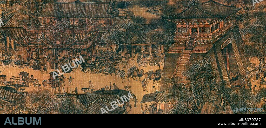 'Along the River During the Qingming Festival' is a painting by the Song dynasty artist Zhang Zeduan (10851145). It captures the daily life of people and the landscape of the Northern Song capital, Bianjing, today's Kaifeng. The theme is said to celebrate the festive spirit and worldly commotion at the Qingming Festival, rather than the holiday's ceremonial aspects, such as tomb sweeping and prayers.<br/><br/>. Successive scenes reveal the lifestyle of all levels of the society from rich to poor as well as different economic activities in rural areas and the city, and offer glimpses of period clothing and architecture. The scroll is 25.5 centimetres (10.0 inches) in height and 5.25 meters (5.74 yards) long. In its length there are 814 humans (of whom only 20 are women), 28 boats, 60 animals, 30 buildings, 20 vehicles, 8 sedan chairs, and 170 trees. The countryside and the densely populated city are the two main sections in the picture, with the river meandering through the entire length.<br/><br/>. The original painting is celebrated as the most celebrated work of art from the Song dynasty.