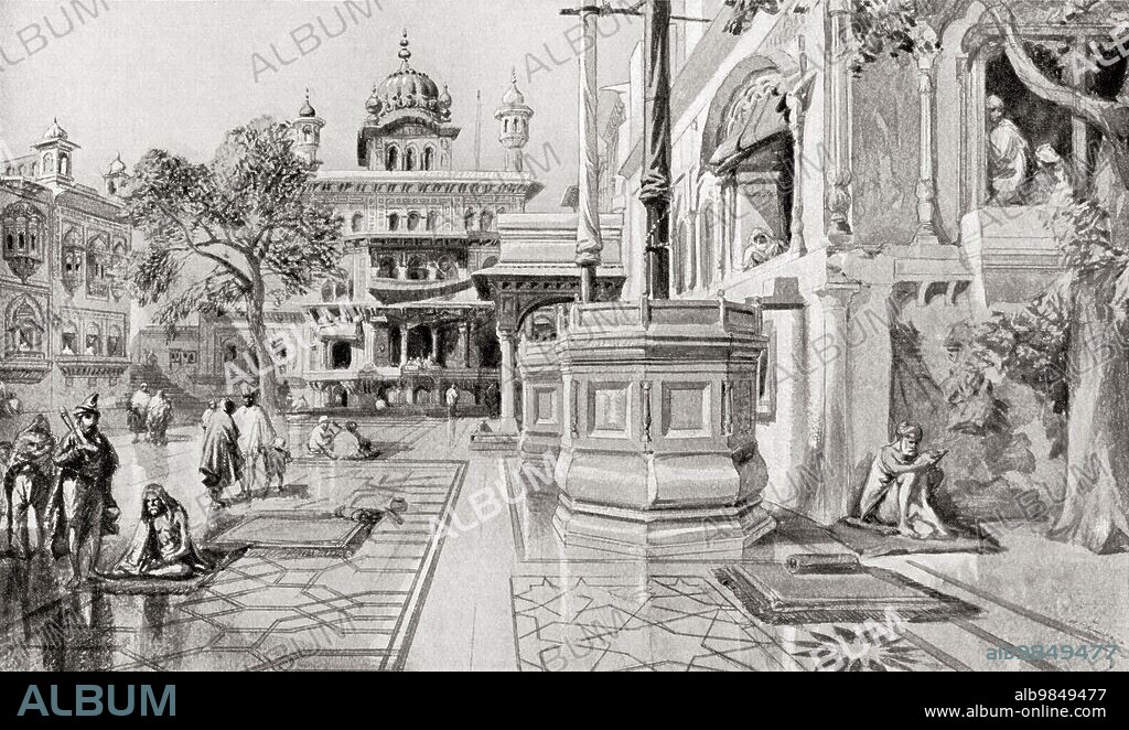 The Akal Takht or Akal Bunga, Harmandir Sahib (Golden Temple) complex, Amritsar, Punjab, India as it appeared in 1864. From Hutchinson's History of the Nations, published 1915.