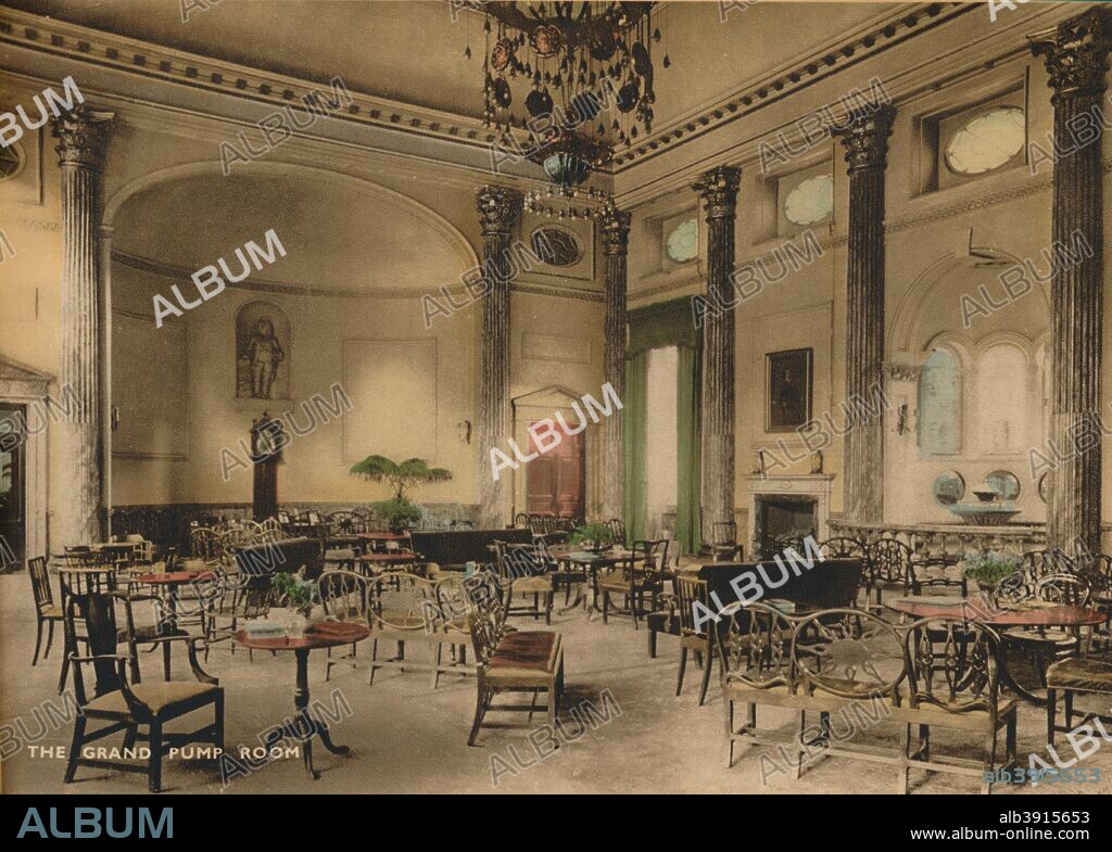 The Grand Pump Room, Bath, Somerset, c1925. The main block, built of Bath stone, was begun in 1789 by Thomas Baldwin (c1750-1820). He resigned in 1791 and John Palmer (c1738-1817) continued the scheme from 1793 and it was completed in 1799. From 'Bath: Sixteen Camera Studies in Colour', published by Photochrom Co. Ltd., c1925.