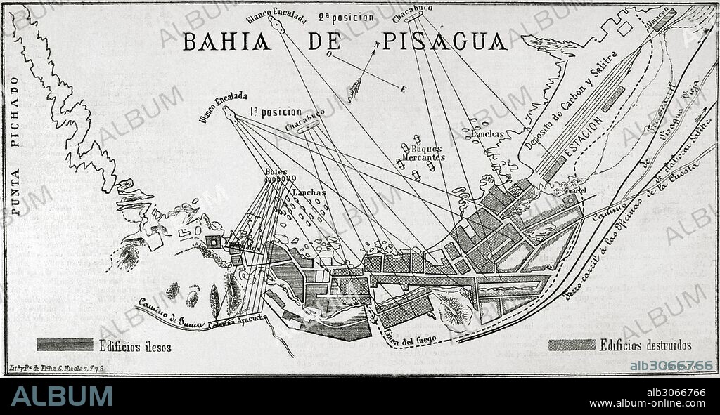 War of the Pacific.1879-1883. Conflict between Chile and Peru and Bolivia. Plane of the bay and town of Pisagua. La Ilustracion Espanola y Americana, 1879.
