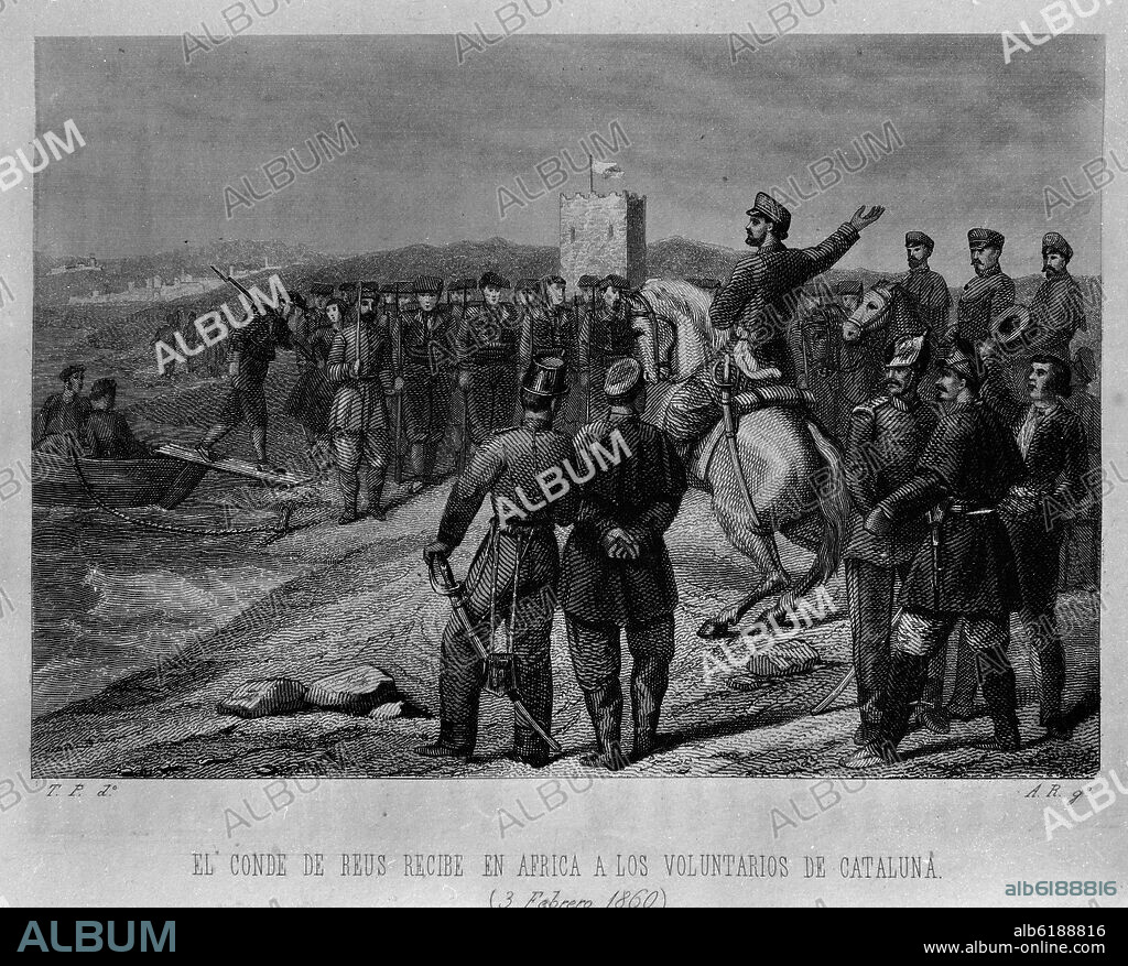 EL CONDE DE REUS RECIBE EN AFRICA A LOS VOLUNTARIOS DE CATALUÑA EL 3 DE FEBRERO DE 1860 - GRABADO SIGLO XIX.