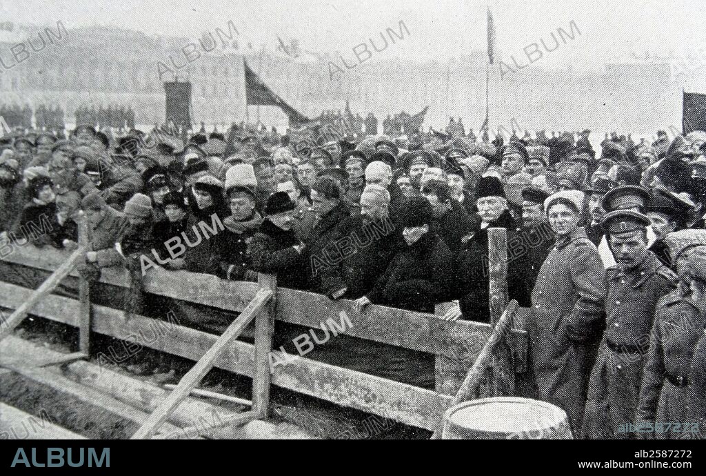 Prince Georgy Lvov prime minister of Russia, from 15 March to 21 July 1917 with Pavel Milyukov (Miliukov) in charge of the foreign policy. In the Russian Provisional Government with crowds at a mass funeral in St Petersburg, 1917.
