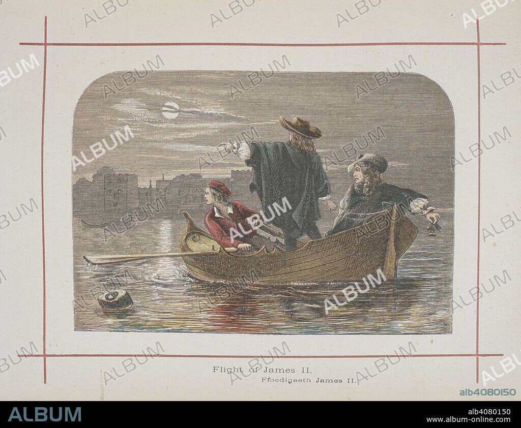 HENRY TYRRELL. Flight of James II. On 11 December, James tried to flee to France, allegedly first throwing the Great Seal of the Realm into the River Thames. A History of England for the Young. London ; New York : London Printing & Publishing Co., [1872, 73]. Source: 9504.ff.7 vol.II, page 160.