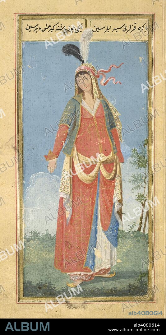 Persian woman. Zenanname ('Book of Women'). 1776-1777. Persian woman, wearing a head-dress with feathers, a blue short-sleeved open jacket over a red robe. Wide trousers, kusak and gold slippers.  Image taken from Zenanname ('Book of Women').  Originally published/produced in 1776-1777. . Source: Or. 7094, f.9. Language: Ottoman Turkish.
