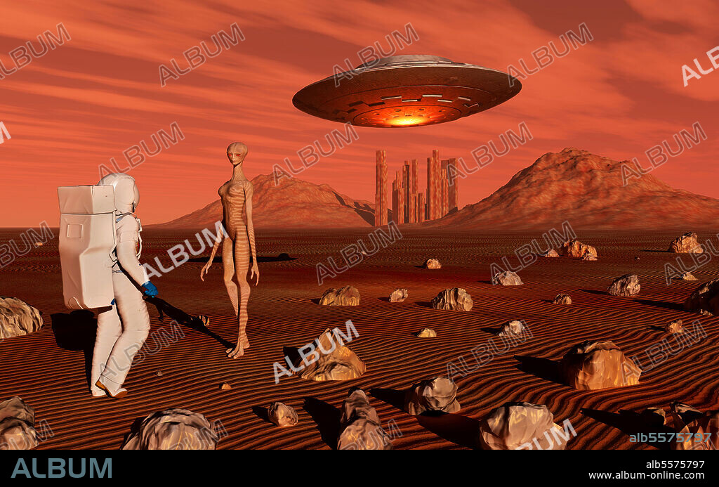 A human astronaut making contact with a reptoid alien on the surface of Mars.