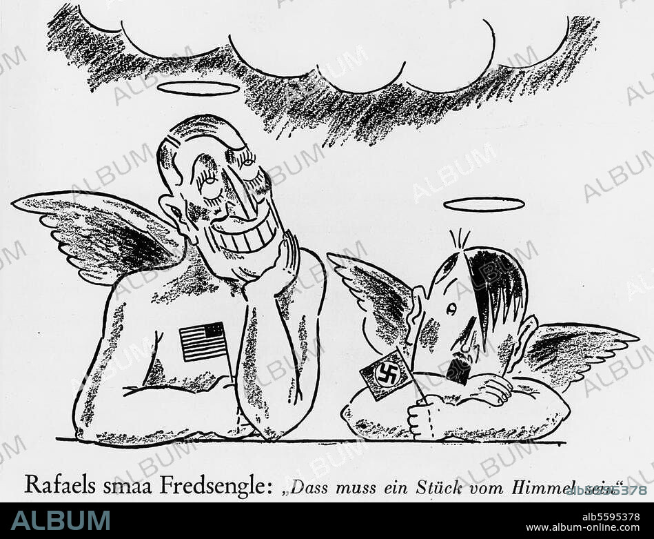 Hitler, Adolf; Politiker (NSDAP). 1889-1945. "Raffaels smaa Fredsengle (...) ". (Karikatur auf Hitlers "Friedensrede" vom 17. Mai 1933 und die Zustimmung des US-Präsidenten Franklin D. Roosevelt). Aus: Ekstrabladet, Kopenhagen, 18. Mai 1933.
