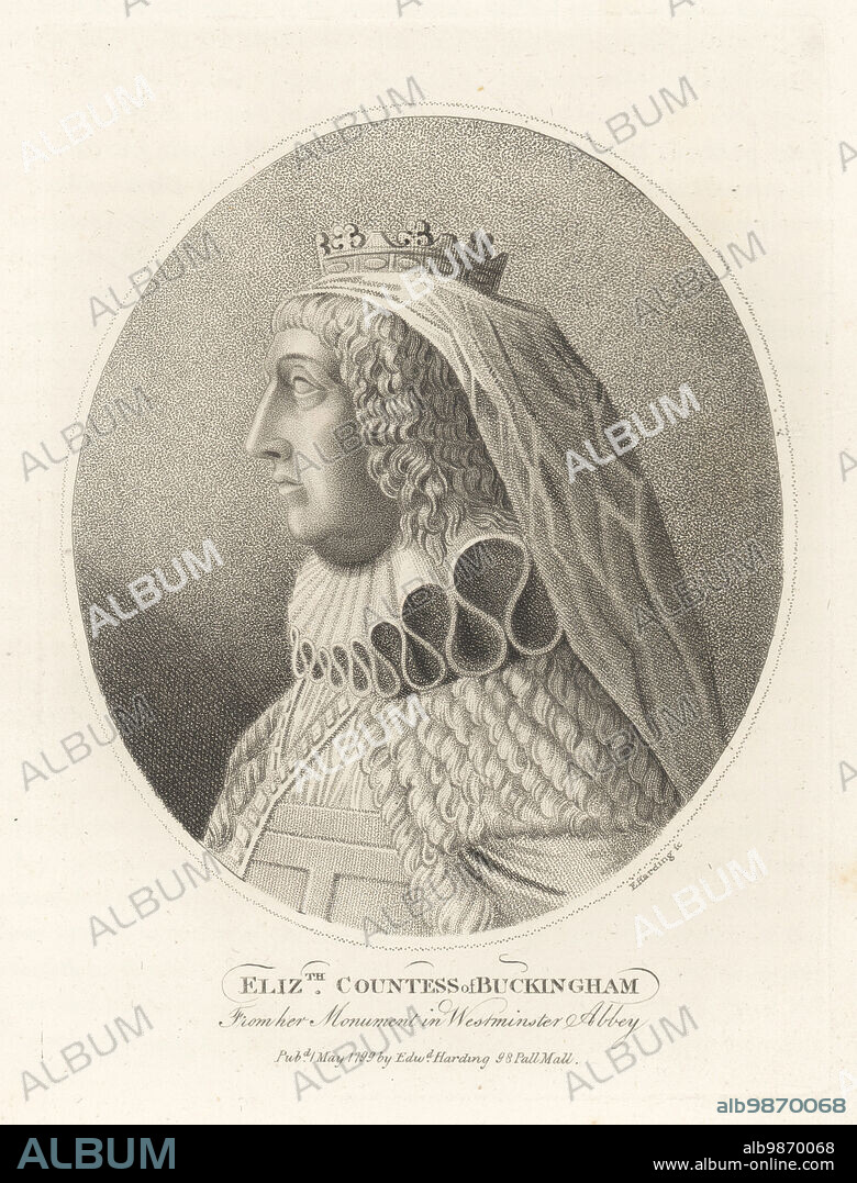 Effigy of Mary, Countess of Buckingham, c.1570-1632. Second wife of Sir George Villiers, c. 1544-1606. In veil, coronet, ruff collar, ermine-lined robe. Mislabeled Elizabeth, Countess of Buckingham. From her monument by Nicholas Stone in Westminster Abbey. Copperplate engraving by Edward Harding from John Adolphus The British Cabinet, containing Portraits of Illustrious Personages, printed by T. Bensley for E. Harding, 98 Pall Mall, London, 1799.