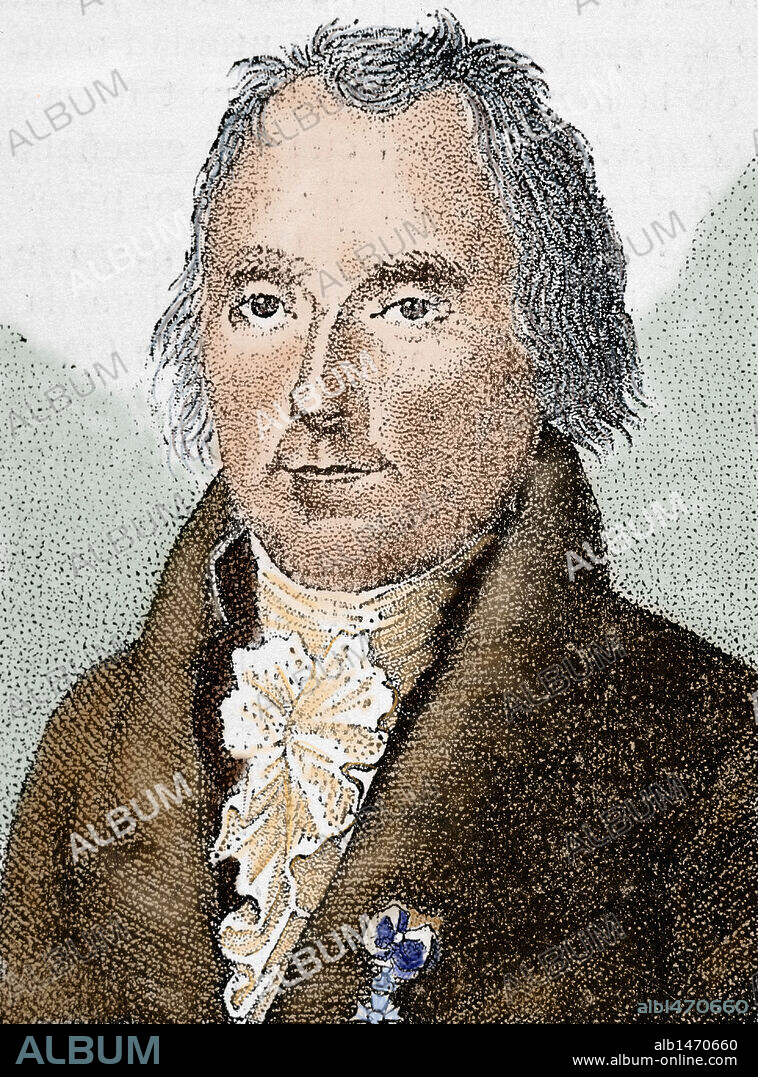 LAPLACE, Pierre Simon de (Beaumont-en-Auge, 1749-París, 1827). Matemático, físico y astrónomo francés. Autor de "Tratado de mecánica celeste" (1789-1825) donde desarrolla las teorías de Newton. Grabado coloreado.