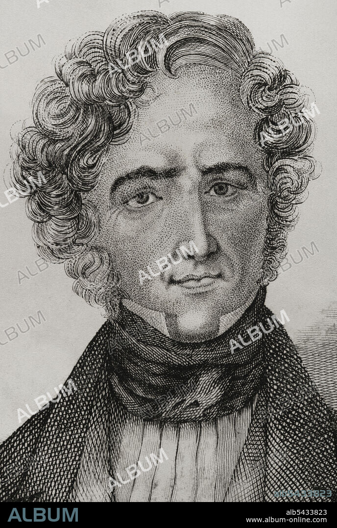 JOSÉ GÓMEZ. SPANISH ENGRAVER. Juan Alvarez de Mendizábal (1790-1853). Spanish politician and financier who had great importance in the Spanish liberal Revolution. He was appointed Minister of Finance in July 1835 by the Count of Toreno, from which he promoted the confiscation of the confiscation of Catholic Church's properties. Portrait. Engraving by José Gómez. Panorama Español, Crónica Contemporánea. Volume III. Madrid, 1845.