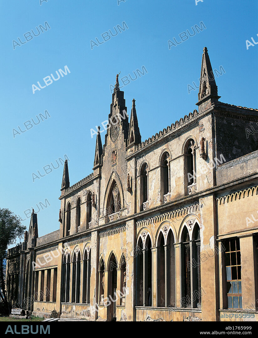 Silkworm nursery of Villa Roncioni, by Alessandro Gherardesca, 1826-1861, 19th Century,. Italy, Tuscany, Pisa, San Giuliano Terme, Villa Roncioni. Glimpse silkworm nursery of Villa Roncioni two light windows spires hanging arches pointed.