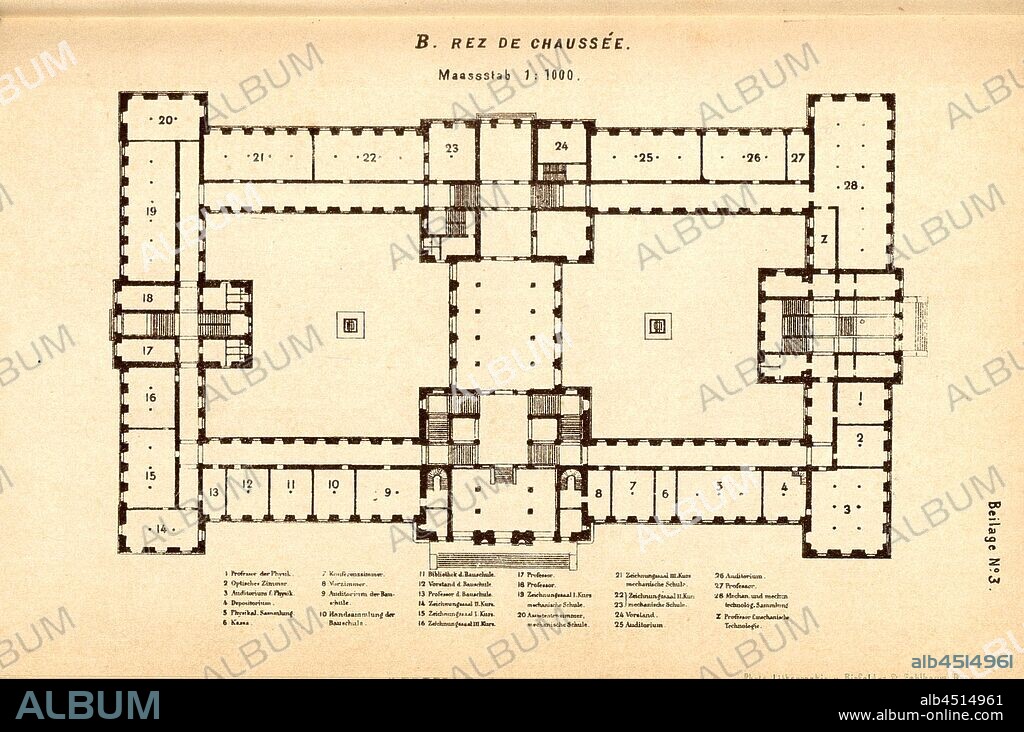 Ground floor, Floor plan of the main building of the ETH Zurich (Polytechnic), to p. 108, Schweizerischer Ingenieur und Architekten-Verein: Zürich's Gebäude und Sehenswürdigkeiten. Beschreibung der Stadt (...). Zürich: bei Orell Füssli & Co., 1877.