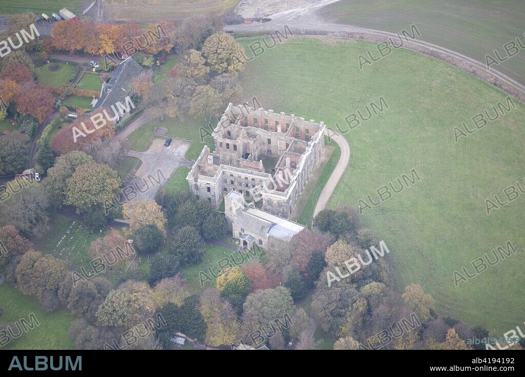 Ruins of Sutton Scarsdale Hall, near Chesterfield, Derbyshire, 2013. A Georgian country house designed by Francis Smith, Sutton Scarsdale Hall was built in the 1720s. The house fell into neglect in the early 20th century and was asset stripped, leaving only the ruined shell seen today.