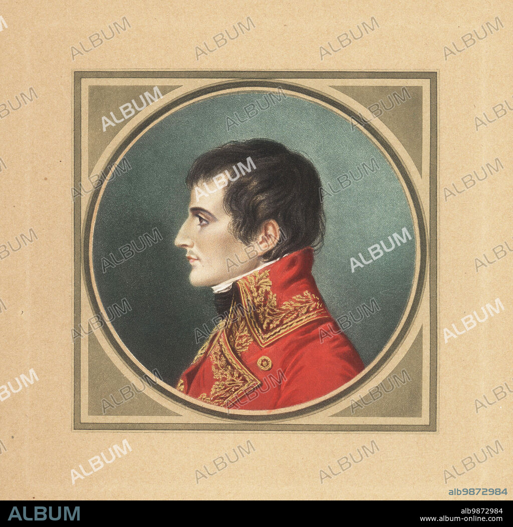 Profile portrait of Napoleon Bonaparte in costume of the First Consul of the French Republic, 1769-1821. Portrait painted by Jacques-Antoine-Marie Lemoine in An X (1801). Colour mezzotint by Michel Manzi and Maurice Joyant from Frederic Massons Napoleon et les Femmes, Napoleon and the Fair Sex, Goupil, Paris, 1906.
